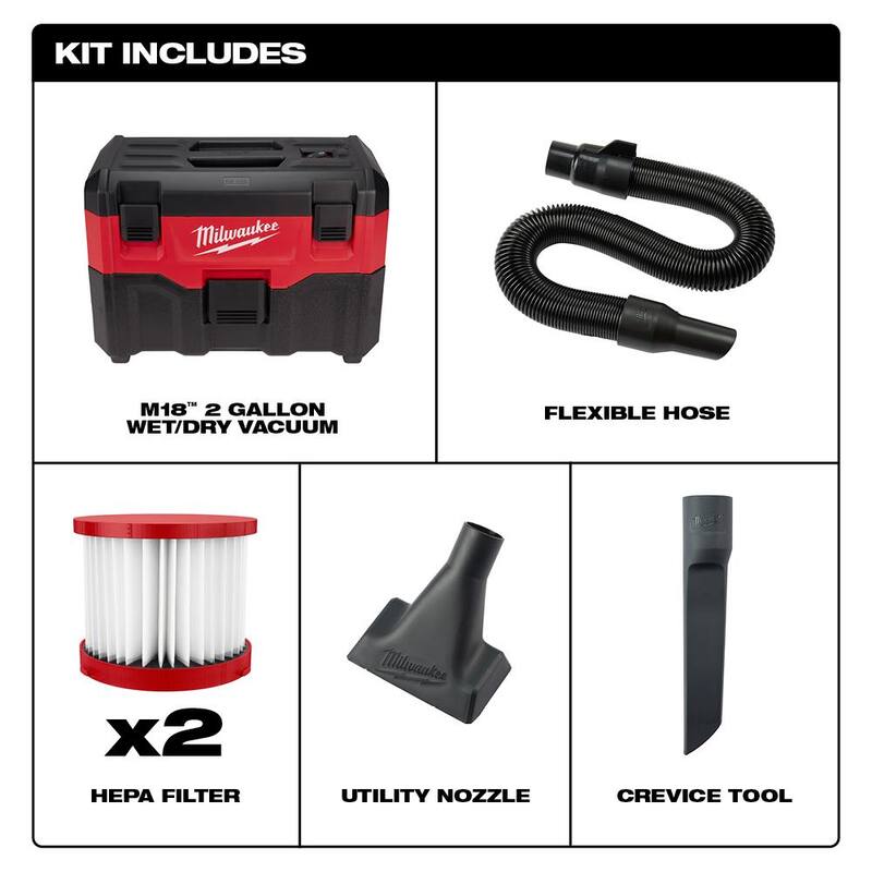 Milwaukee M18 18-Volt 2 Gal. Lithium-Ion Cordless Wet/Dry Vacuum W/ Extra Wet/Dry HEPA Filter - 0880-20-49-90-1900