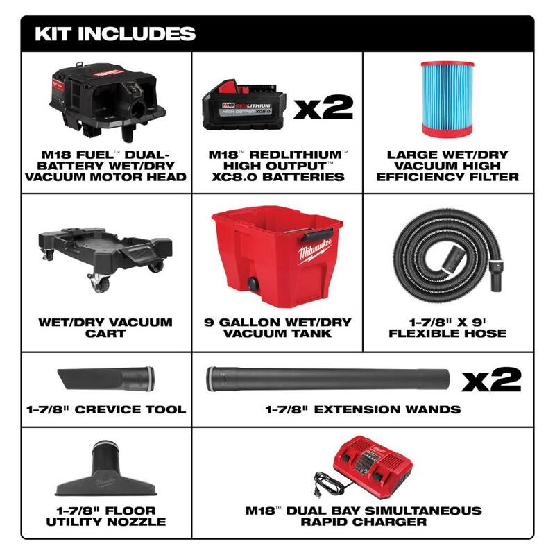Milwaukee M18 FUEL 9 Gal. Cordless DUAL-BATTERY Wet/Dry Shop Vacuum Kit with (2) 8.0 ah Batteries, Filter, Hose, and Accessories - 0920-22HD