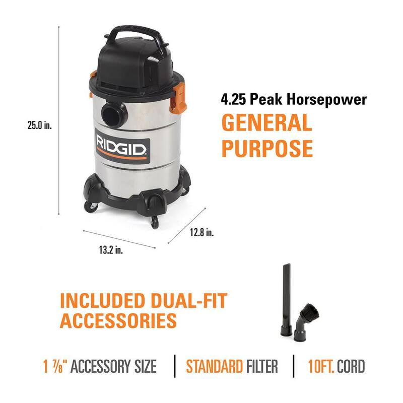 RIDGID 6 Gallon 4.25 Peak HP Stainless Steel Shop Vac Wet Dry Vacuum with General Debris Filter, Locking Hose and 6 Accessories - WD6425A