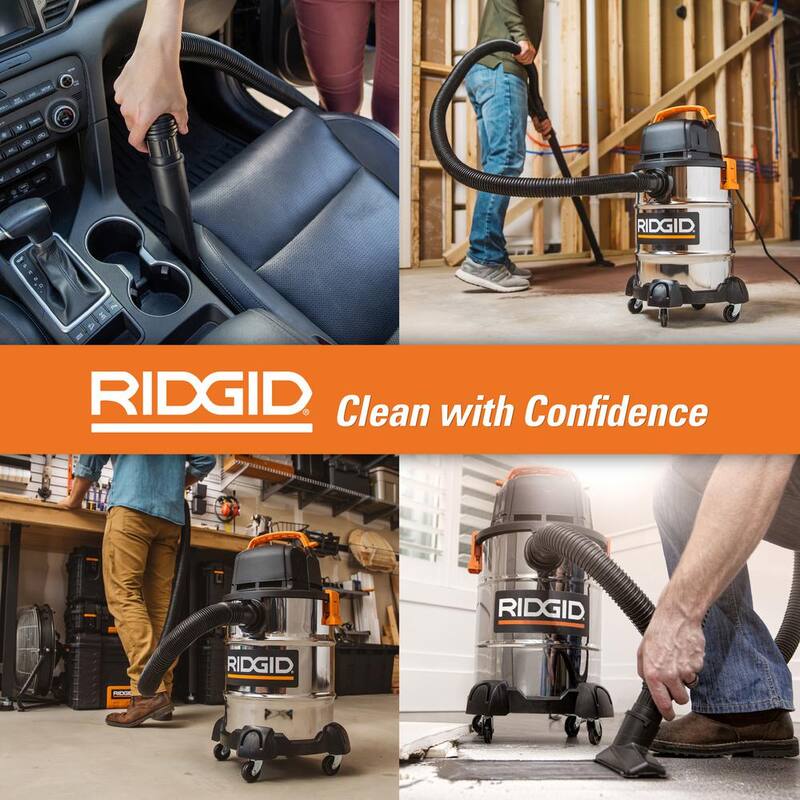 RIDGID 6 Gallon 4.25 Peak HP Stainless Steel Shop Vac Wet Dry Vacuum with General Debris Filter, Locking Hose and 6 Accessories - WD6425A
