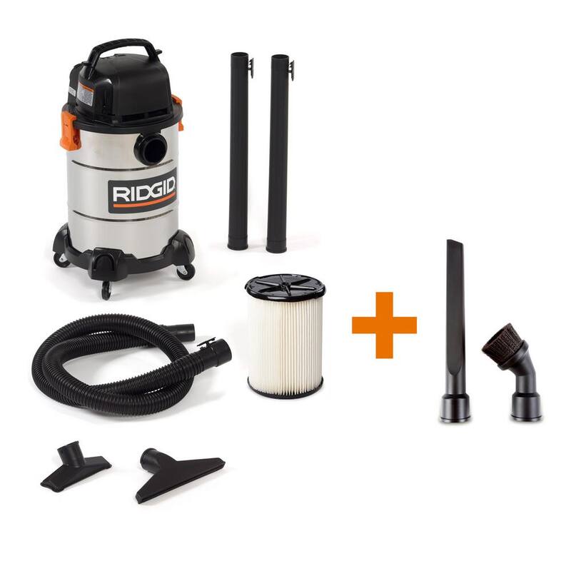 RIDGID 6 Gallon 4.25 Peak HP Stainless Steel Shop Vac Wet Dry Vacuum with General Debris Filter, Locking Hose and 6 Accessories - WD6425A