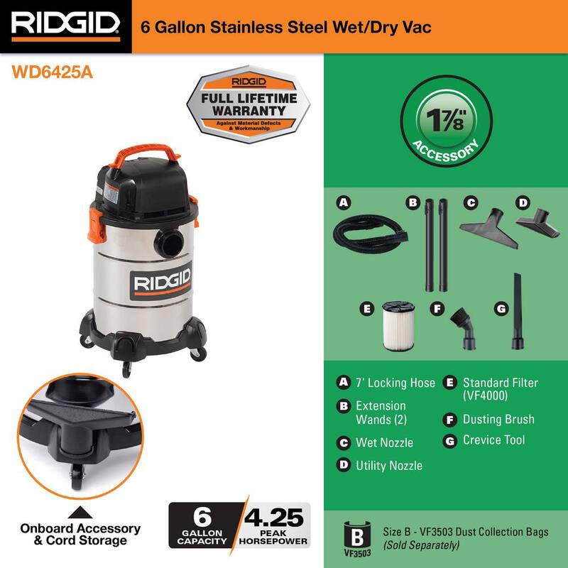 RIDGID 6 Gallon 4.25 Peak HP Stainless Steel Shop Vac Wet Dry Vacuum with General Debris Filter, Locking Hose and 6 Accessories - WD6425A