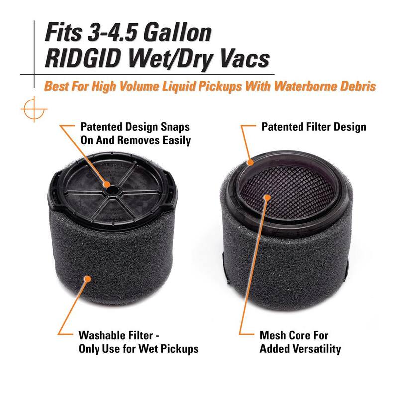 RIDGID Wet Debris Application, Foam Wet Dry Vacuum Shop Vac Filter for Most 3-4.5 Gallon RIDGID Shop Vacs (1-Pack) - VF3700