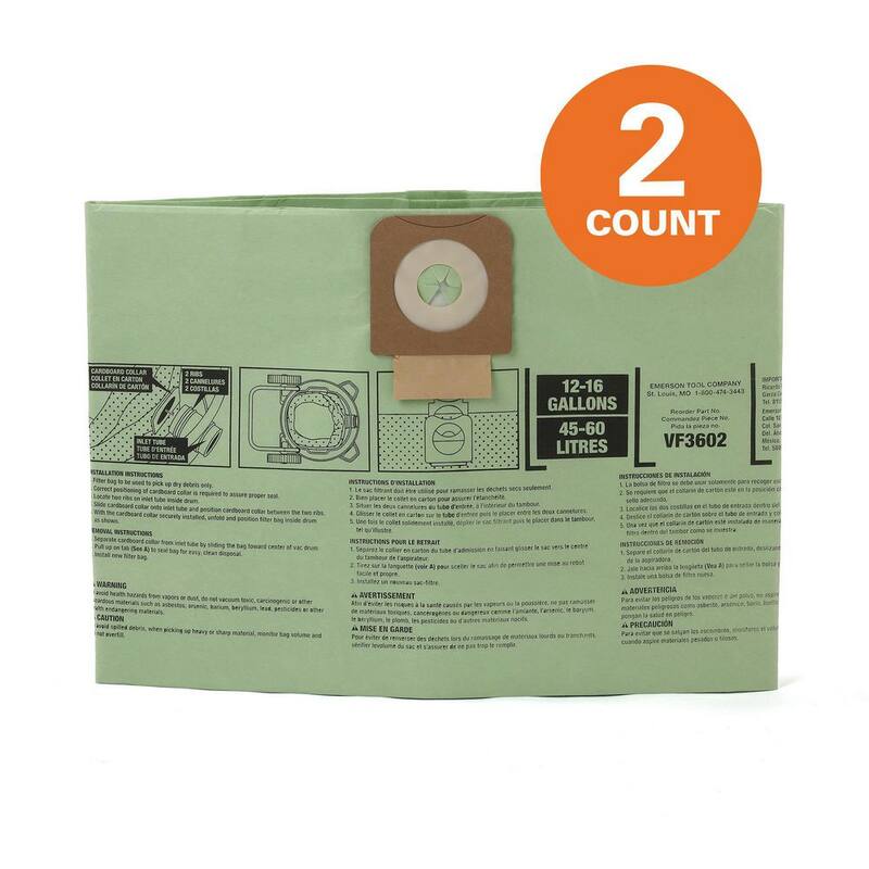 RIDGID Wet Dry Vacuum Premium Cyclonic Dry Pick-up Only Dust Bags for Select 12-16 Gallon RIDGID Shop Vacs, Size A (2-Pack) - VF3602
