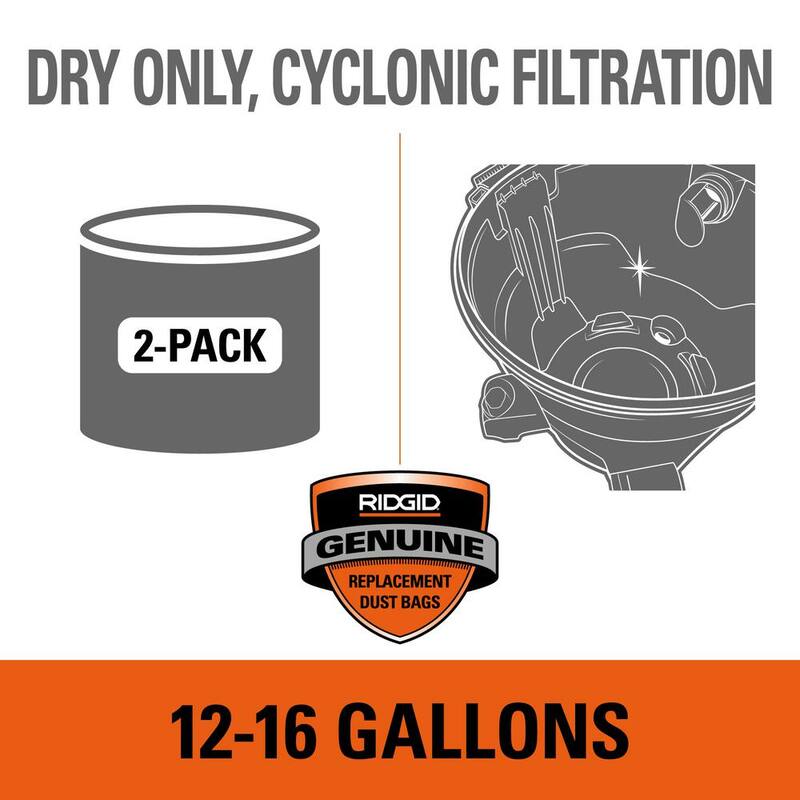 RIDGID Wet Dry Vacuum Premium Cyclonic Dry Pick-up Only Dust Bags for Select 12-16 Gallon RIDGID Shop Vacs, Size A (2-Pack) - VF3602