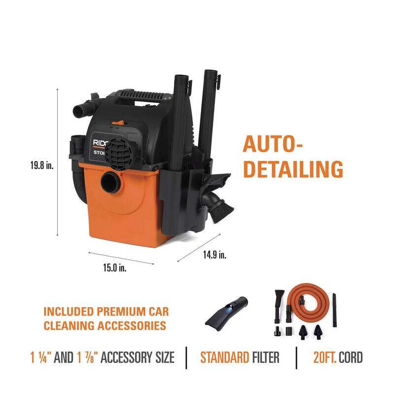 RIDGID 5 Gal. 5.0 Peak HP Wall Mount Shop Vac Wet Dry Vacuum with Filter, 2 Hoses, Accessories, LED Nozzle and Car Cleaning Kit - WD5500B