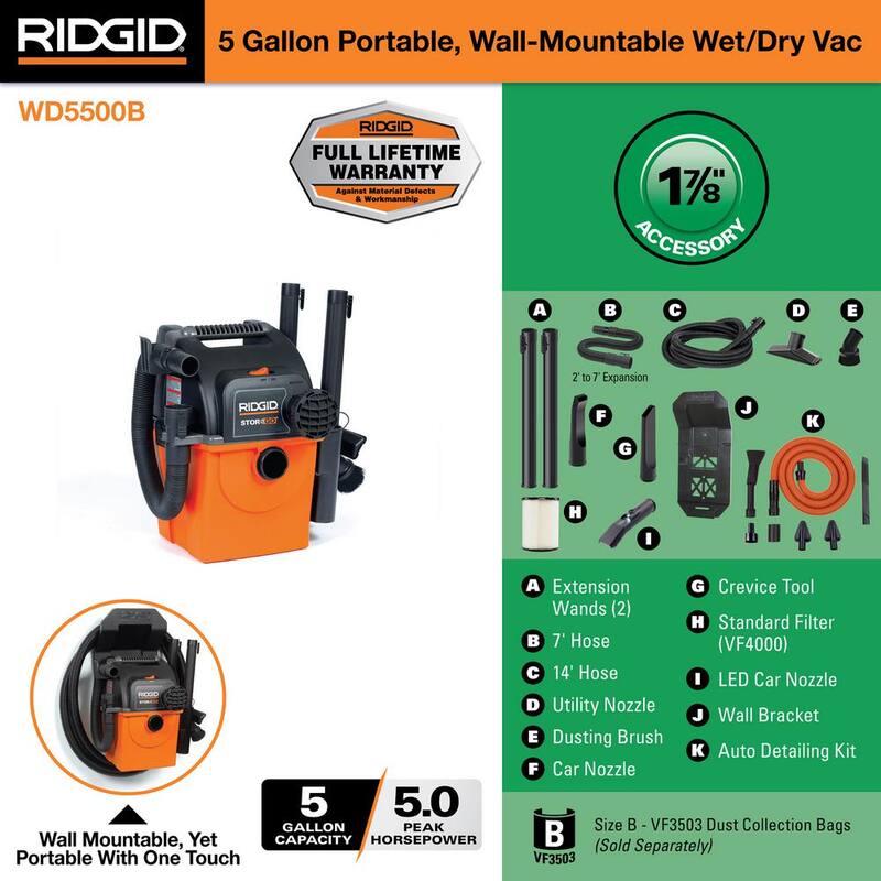 RIDGID 5 Gal. 5.0 Peak HP Wall Mount Shop Vac Wet Dry Vacuum with Filter, 2 Hoses, Accessories, LED Nozzle and Car Cleaning Kit - WD5500B