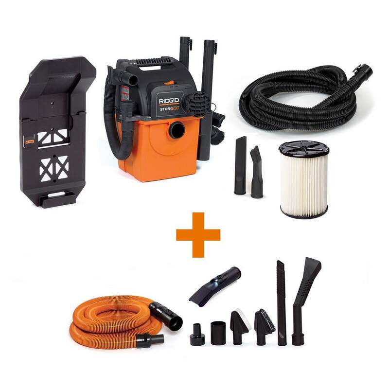 RIDGID 5 Gal. 5.0 Peak HP Wall Mount Shop Vac Wet Dry Vacuum with Filter, 2 Hoses, Accessories, LED Nozzle and Car Cleaning Kit - WD5500B