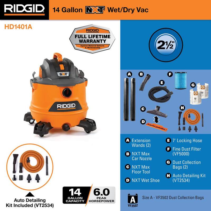 RIDGID 14 Gallon 6.0 Peak HP NXT Shop Vac Wet Dry Vacuum with Fine Dust Filter, Dust Bags, Accessories and Car Cleaning Kit - HD1401A