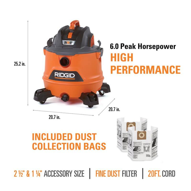 RIDGID 14 Gallon 6.0 Peak HP NXT Shop Vac Wet Dry Vacuum with Fine Dust Filter, Dust Bags, Accessories and Car Cleaning Kit - HD1401A