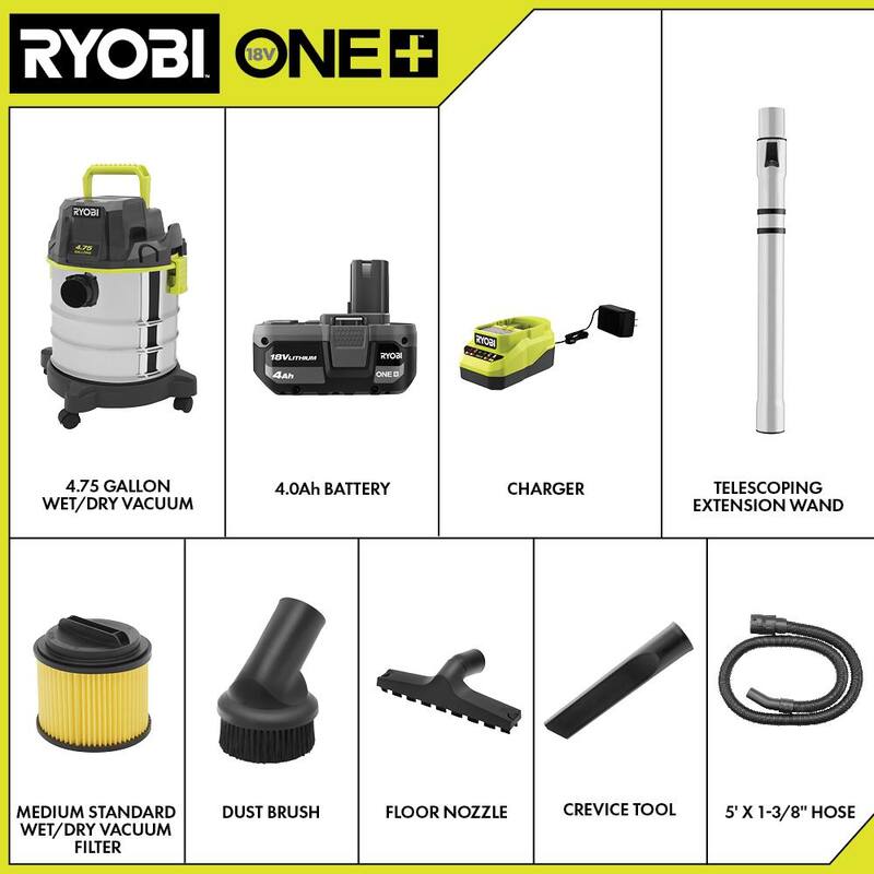 RYOBI ONE+ 18V Cordless 4.75 Gal. Wet/Dry Vacuum Kit with 4.0 Ah Battery and Charger - PWV201KN