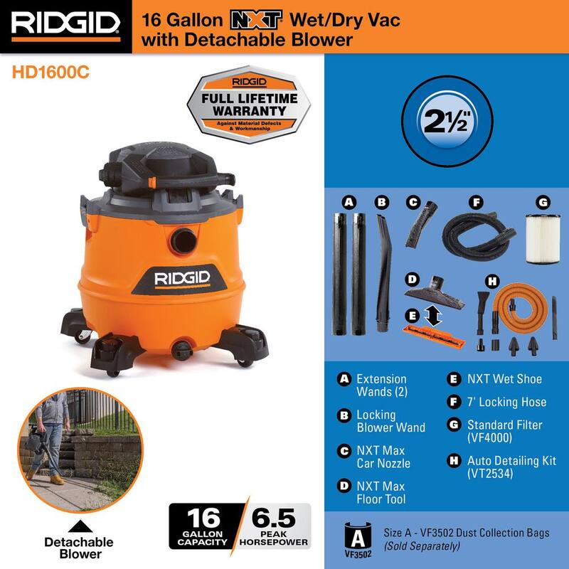 RIDGID 16 Gallon 6.5 Peak HP NXT Shop Vac Wet Dry Vacuum with Detachable Blower, Filter, Hose, Accessories and Car Cleaning Kit - HD1600C