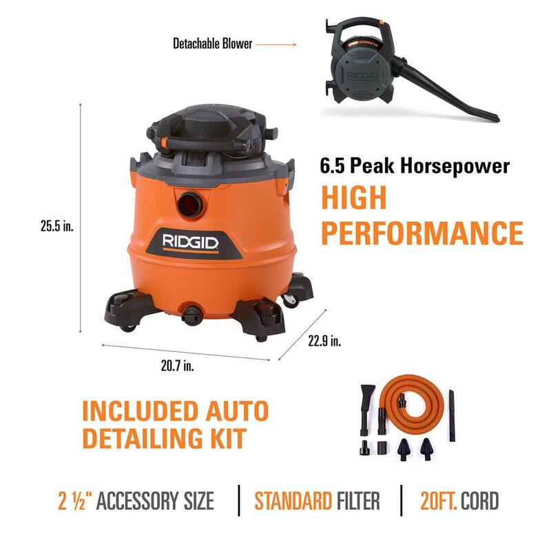 RIDGID 16 Gallon 6.5 Peak HP NXT Shop Vac Wet Dry Vacuum with Detachable Blower, Filter, Hose, Accessories and Car Cleaning Kit - HD1600C