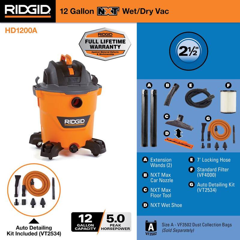 RIDGID 12 Gallon 5.0 Peak HP NXT Shop Vac Wet Dry Vacuum with Filter, Locking Hose, Accessories and Car Cleaning Kit - HD1200A