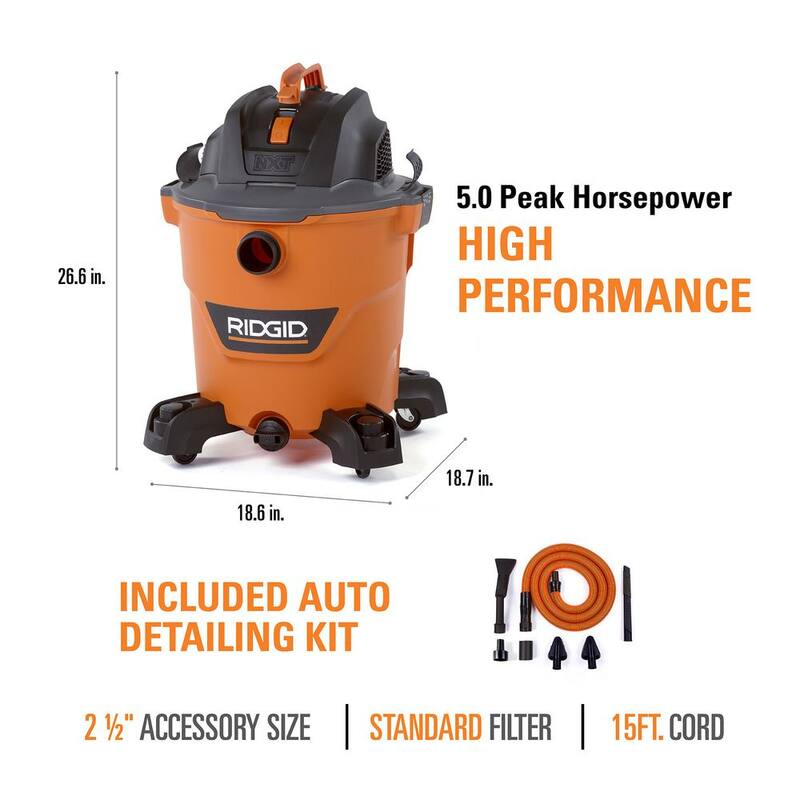 RIDGID 12 Gallon 5.0 Peak HP NXT Shop Vac Wet Dry Vacuum with Filter, Locking Hose, Accessories and Car Cleaning Kit - HD1200A