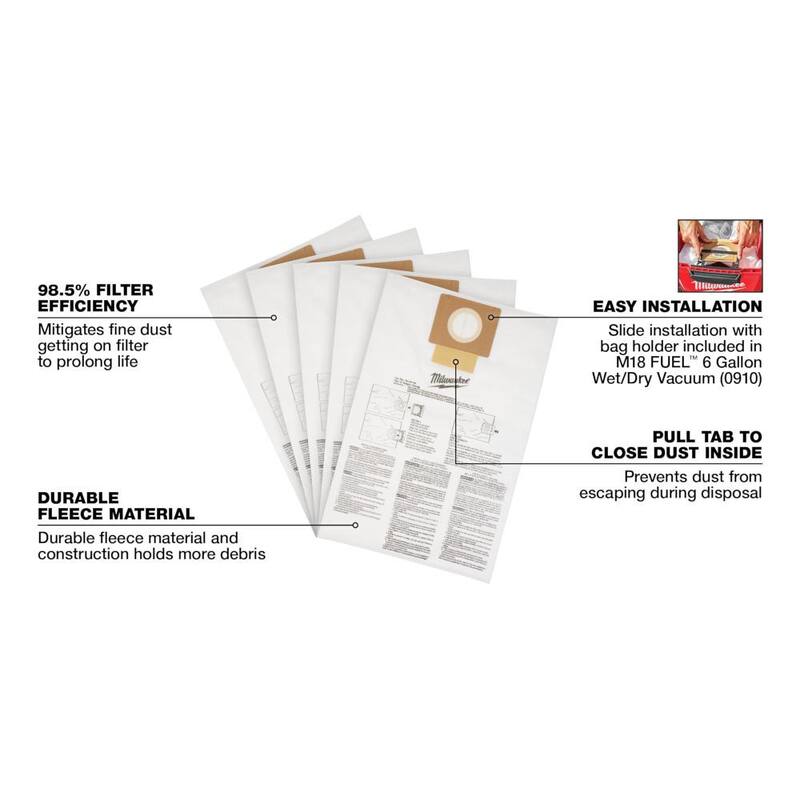 Milwaukee Fleece Dust Bags for 6 Gal. M18 FUEL Cordless Wet/Dry Shop Vacuums (5-Pack) - 49-90-1979