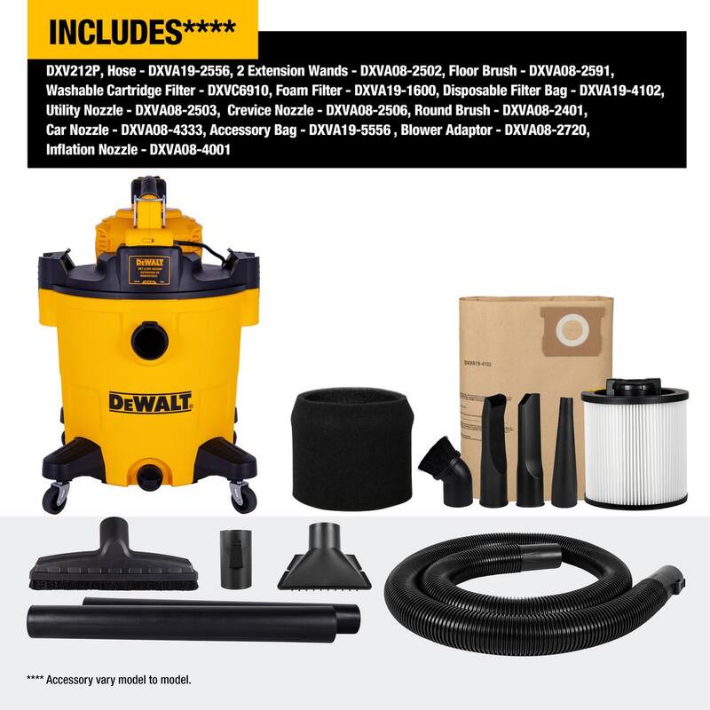 DEWALT 12 Gallon 5.5 Peak HP Wet/Dry Vac with Detachable Blower, Filters and Accessories - DXV212P