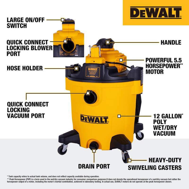 DEWALT 12 Gallon 5.5 Peak HP Wet/Dry Vac with Detachable Blower, Filters and Accessories - DXV212P