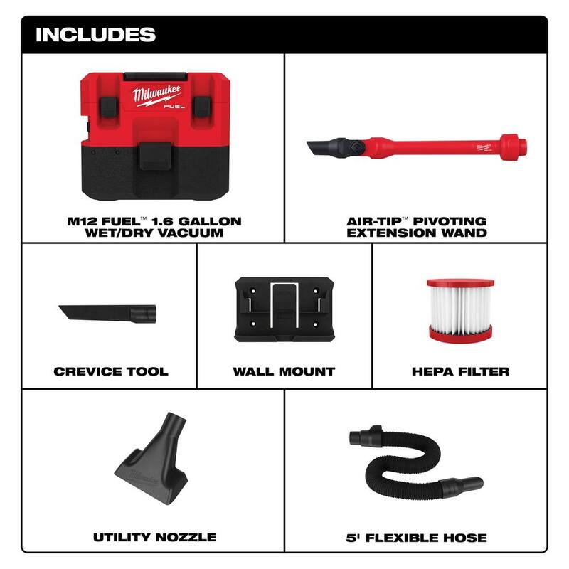 Milwaukee M12 FUEL 12-Volt Lithium-Ion Cordless 1.6 Gal. Wet/Dry Vacuum w/AIR-TIP 1-1/4 in. - 2-1/2 in. Pivoting Extension Wand - 0960-20-49-90-2031