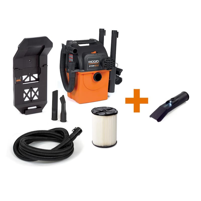 RIDGID 5 Gal. 5.0 Peak HP Portable Wall Mount Shop Vac Wet Dry Vacuum with Filter, 2 Locking Hoses, Accessories and LED Nozzle - WD5500A
