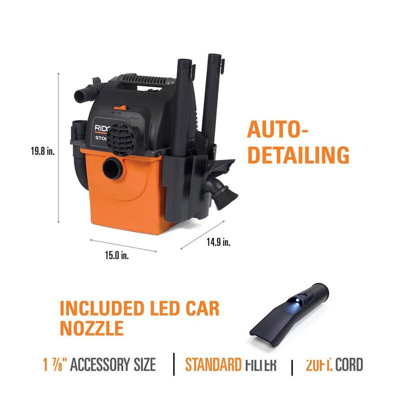 RIDGID 5 Gal. 5.0 Peak HP Portable Wall Mount Shop Vac Wet Dry Vacuum with Filter, 2 Locking Hoses, Accessories and LED Nozzle - WD5500A