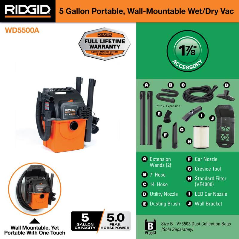 RIDGID 5 Gal. 5.0 Peak HP Portable Wall Mount Shop Vac Wet Dry Vacuum with Filter, 2 Locking Hoses, Accessories and LED Nozzle - WD5500A
