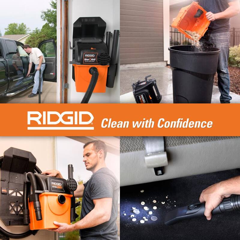 RIDGID 5 Gal. 5.0 Peak HP Portable Wall Mount Shop Vac Wet Dry Vacuum with Filter, 2 Locking Hoses, Accessories and LED Nozzle - WD5500A