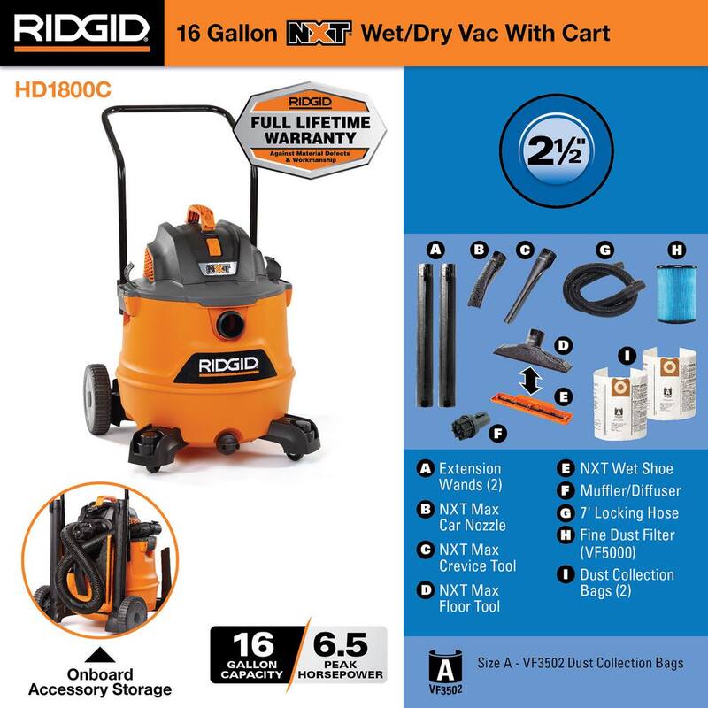 RIDGID 16 Gallon 6.5 Peak HP NXT Shop Vac Wet Dry Vacuum, Fine Dust Filter, Locking Hose, Accessories and Dust Collection Bags - HD1800C