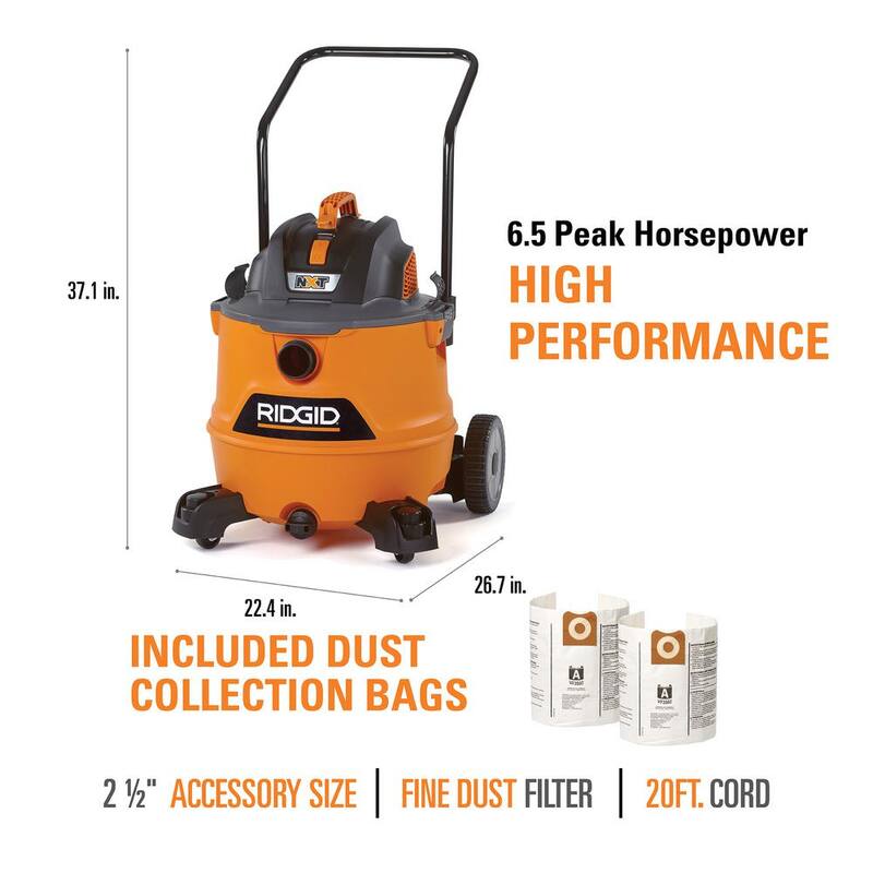 RIDGID 16 Gallon 6.5 Peak HP NXT Shop Vac Wet Dry Vacuum, Fine Dust Filter, Locking Hose, Accessories and Dust Collection Bags - HD1800C
