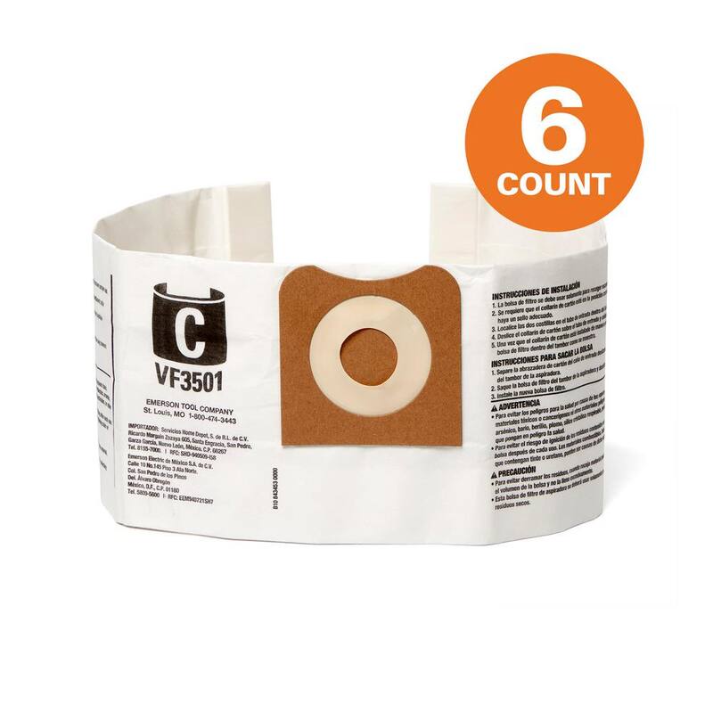 RIDGID High-Efficiency Wet Dry Vacuum Dry Pick-up Only Dust Bags for 3-4.5 Gallon and HD0600 RIDGID Shop Vacs, Size C (6-Pack) - VF3501A
