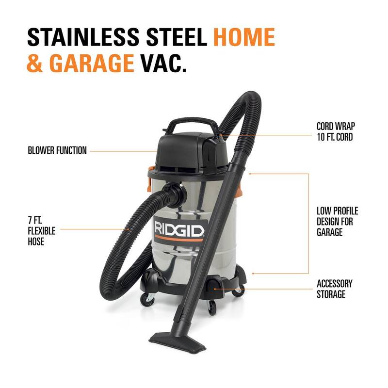 RIDGID 6 Gallon 4.25 Peak HP Stainless Steel Shop Vac Wet Dry Vacuum with Filter, Locking Hose and Accessory Attachments - WD6425