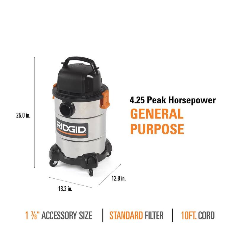 RIDGID 6 Gallon 4.25 Peak HP Stainless Steel Shop Vac Wet Dry Vacuum with Filter, Locking Hose and Accessory Attachments - WD6425