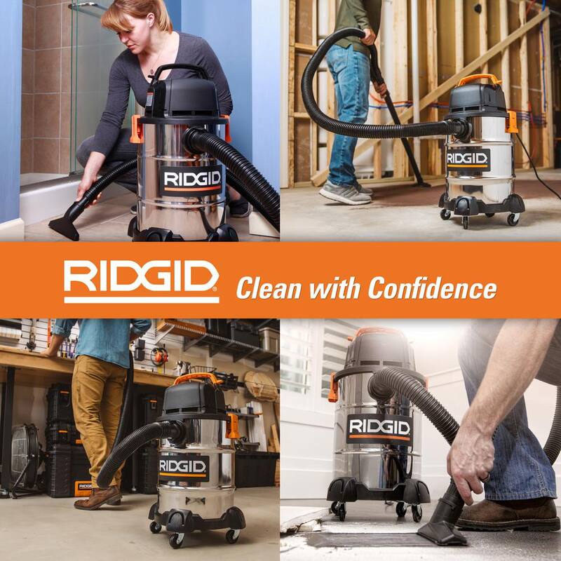 RIDGID 6 Gallon 4.25 Peak HP Stainless Steel Shop Vac Wet Dry Vacuum with Filter, Locking Hose and Accessory Attachments - WD6425