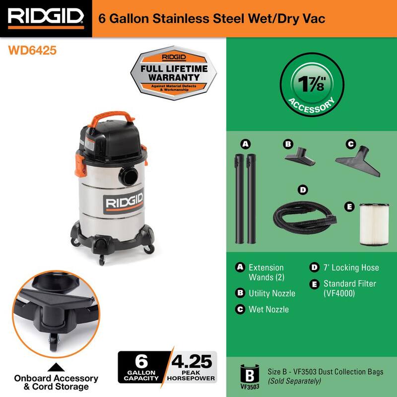 RIDGID 6 Gallon 4.25 Peak HP Stainless Steel Shop Vac Wet Dry Vacuum with Filter, Locking Hose and Accessory Attachments - WD6425
