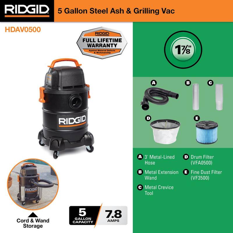 RIDGID RIDGID 5 Gallon Cool/Dry Ash Canister Shop Vac with Fine Dust Filter, Micro Cloth Drum Filter and Hose - HDAV0500