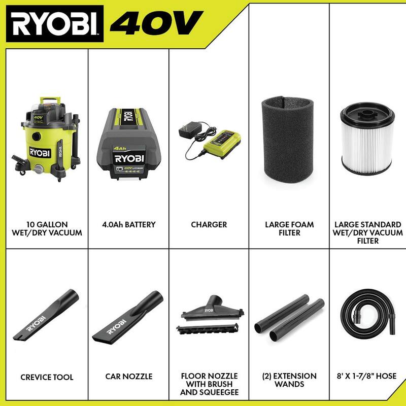 RYOBI 40V 10 Gal. Cordless Wet/Dry Vacuum Kit with 40V 4.0 Ah Battery and 40V Charger - RY40WD01K