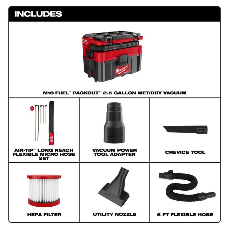 Milwaukee M18 FUEL PACKOUT Cordless 2.5 Gal Wet/Dry Vacuum w/AIR-TIP 1-1/4 in. - 2-1/2 in. (7-Piece) Long Reach Flexible Hose Set - 0970-20-49-90-2037