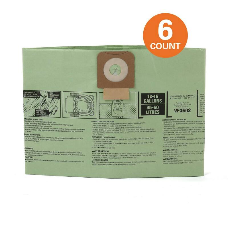 RIDGID Wet Dry Vacuum Premium Cyclonic Dry Pick-up Only Dust Bags for Select 12-16 Gallon RIDGID Shop Vacs, Size A (6-Pack) - VF3602A