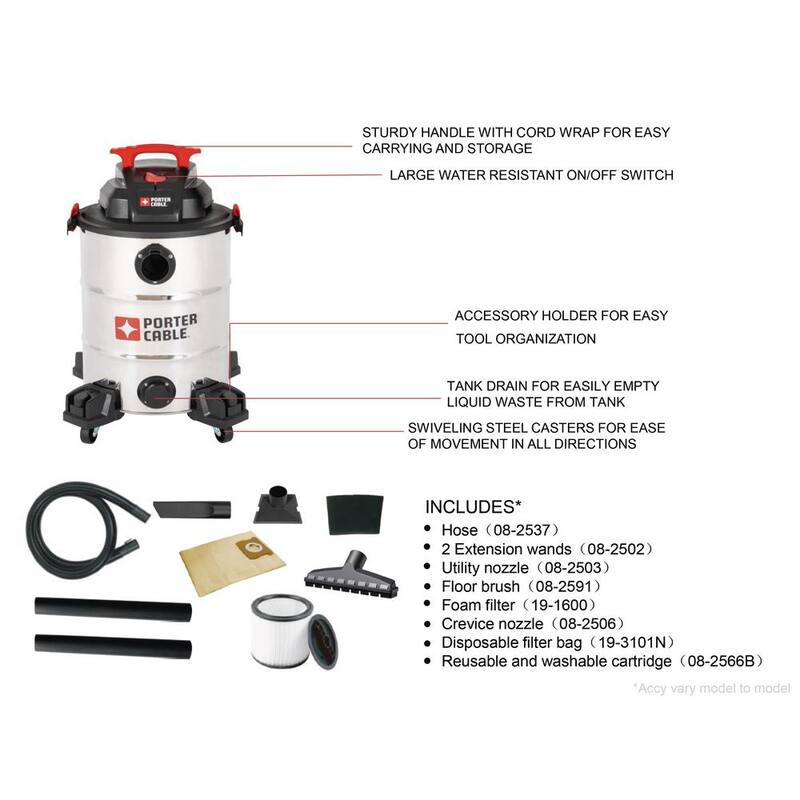 Porter-Cable 10 Gal. 6.5 Peak HP Stainless Steel Wet/Dry Vacuum - PCX18156