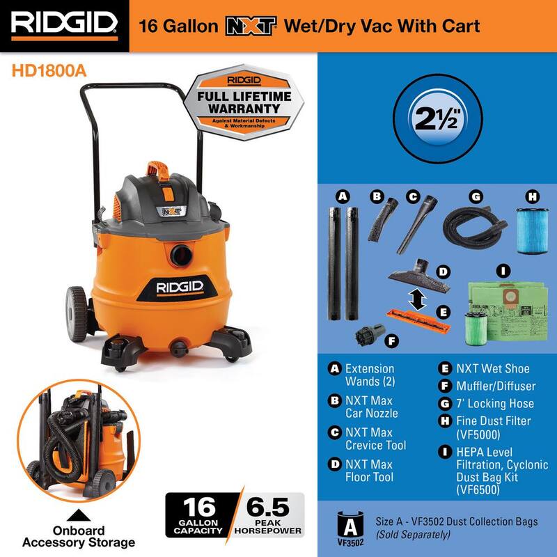 RIDGID 16 Gallon 6.5 Peak HP NXT Shop Vac Wet Dry Vacuum, Fine Dust Filter, Hose, Accessories, OSHA and HEPA Filtration Kit - HD1800A