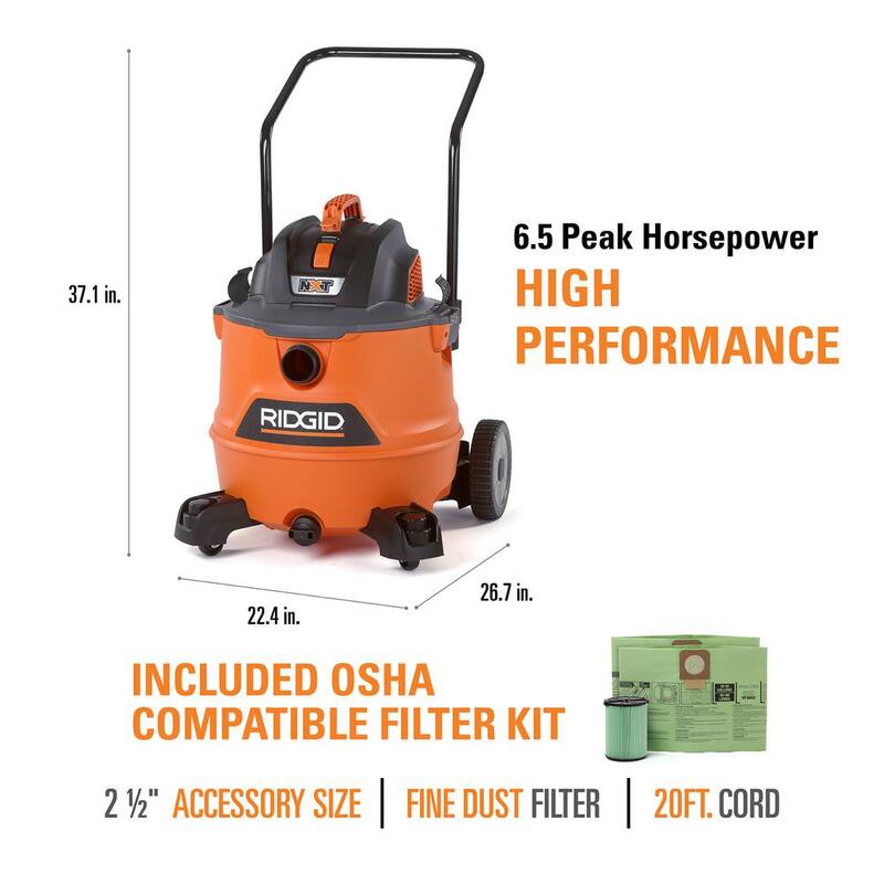 RIDGID 16 Gallon 6.5 Peak HP NXT Shop Vac Wet Dry Vacuum, Fine Dust Filter, Hose, Accessories, OSHA and HEPA Filtration Kit - HD1800A