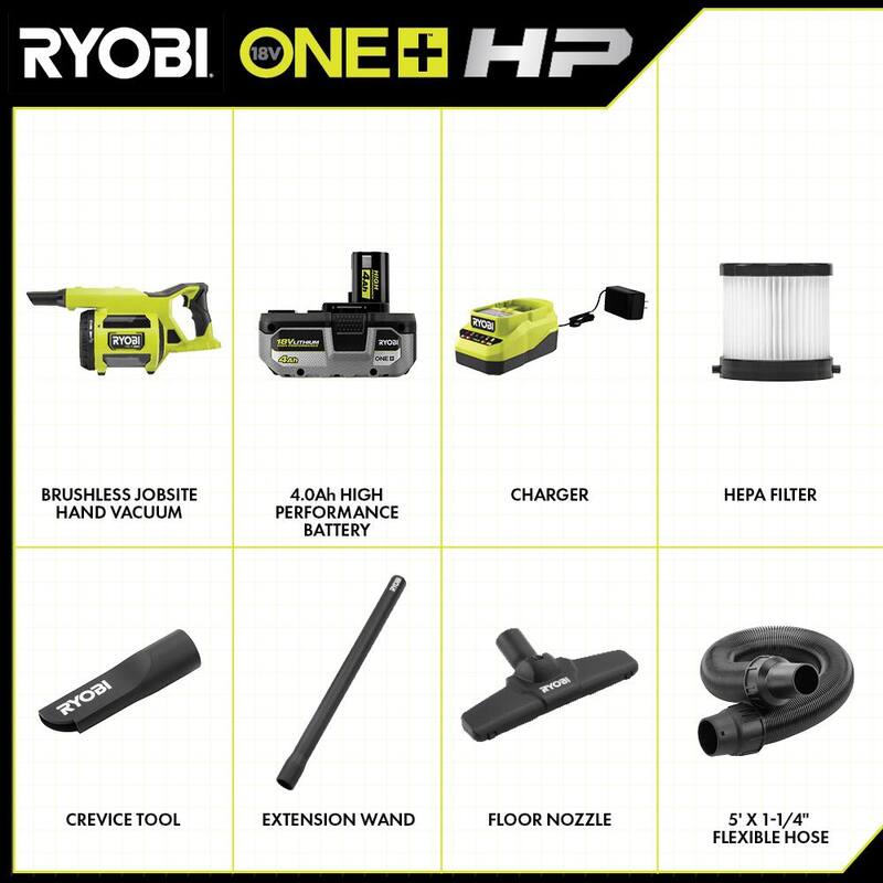RYOBI ONE+ HP 18V Brushless Cordless Jobsite Hand Vacuum Kit with 4.0 Ah HIGH PERFORMANCE Battery and 18V Charger - PBLHV701K