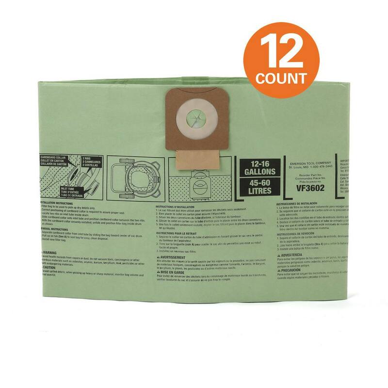 RIDGID Wet Dry Vacuum Premium Cyclonic Dry Pick-up Only Dust Bags for Select 12-16 Gallon RIDGID Shop Vacs, Size A (12-Pack) - VF3602B