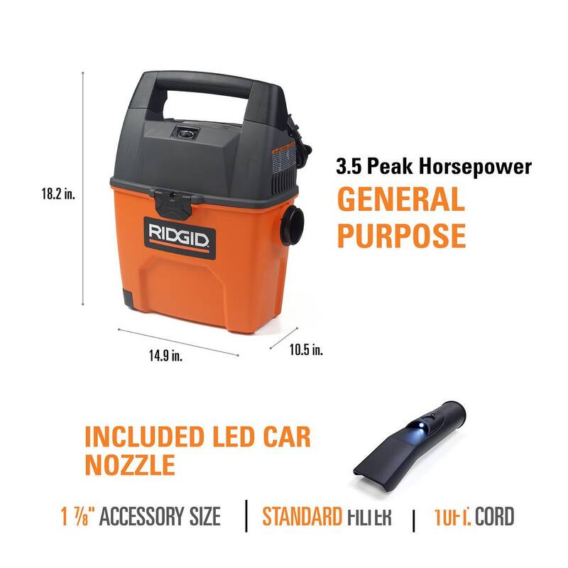 RIDGID 3 Gal 3.5 Peak HP Handheld Shop Vac Wet Dry Vacuum with RIDGID SWEEP Dust Pan, Filter, Locking Hose and LED Car Nozzle - WD3050A