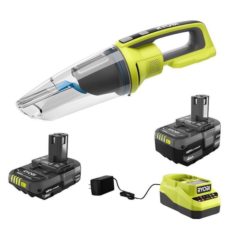 RYOBI ONE+ 18V Lithium-Ion 4.0 Ah Battery, 2.0 Ah Battery, and Charger Kit with ONE+ Cordless Wet/Dry Hand Vacuum - PCL702B-PSK106SB