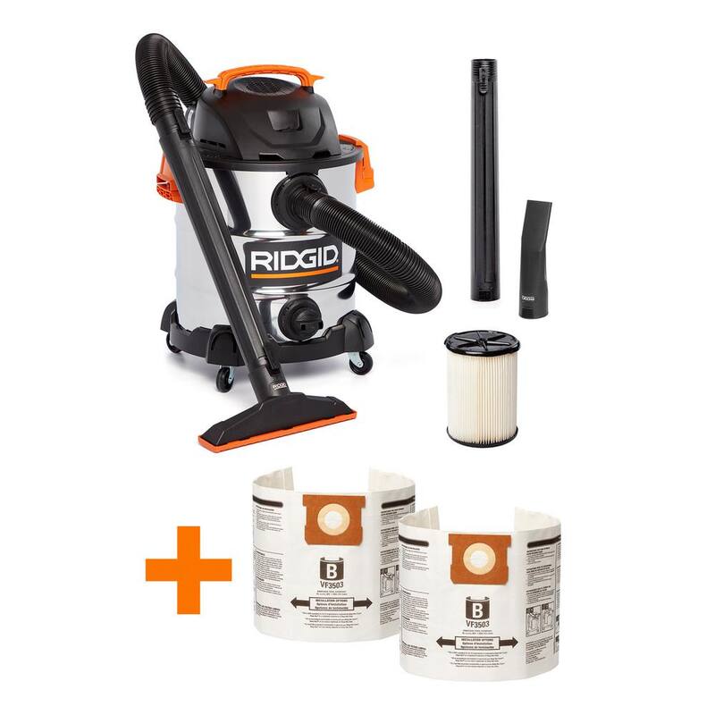 RIDGID 10 Gallon 6.0 Peak HP Stainless Steel Shop Vac Wet Dry Vacuum with Filter, Dust Bags, Locking Hose and Accessories - WD1060A