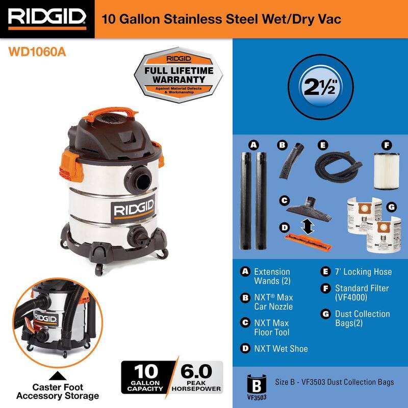 RIDGID 10 Gallon 6.0 Peak HP Stainless Steel Shop Vac Wet Dry Vacuum with Filter, Dust Bags, Locking Hose and Accessories - WD1060A