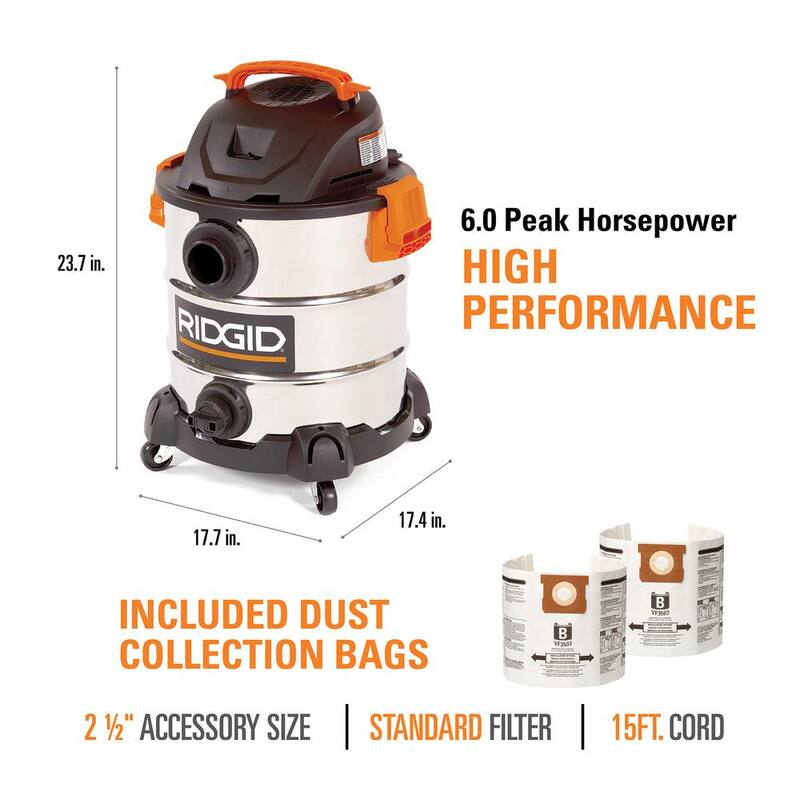 RIDGID 10 Gallon 6.0 Peak HP Stainless Steel Shop Vac Wet Dry Vacuum with Filter, Dust Bags, Locking Hose and Accessories - WD1060A