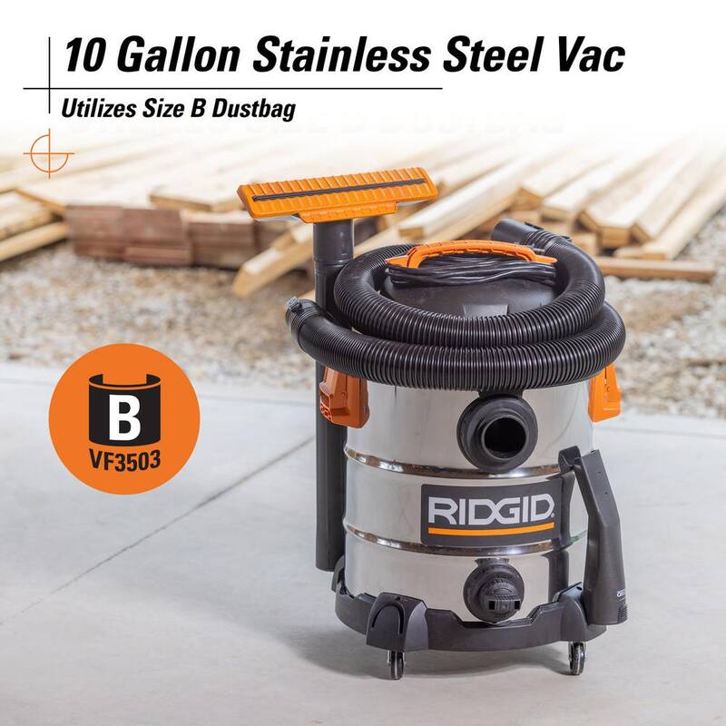RIDGID 10 Gallon 6.0 Peak HP Stainless Steel Shop Vac Wet Dry Vacuum with Filter, Dust Bags, Locking Hose and Accessories - WD1060A