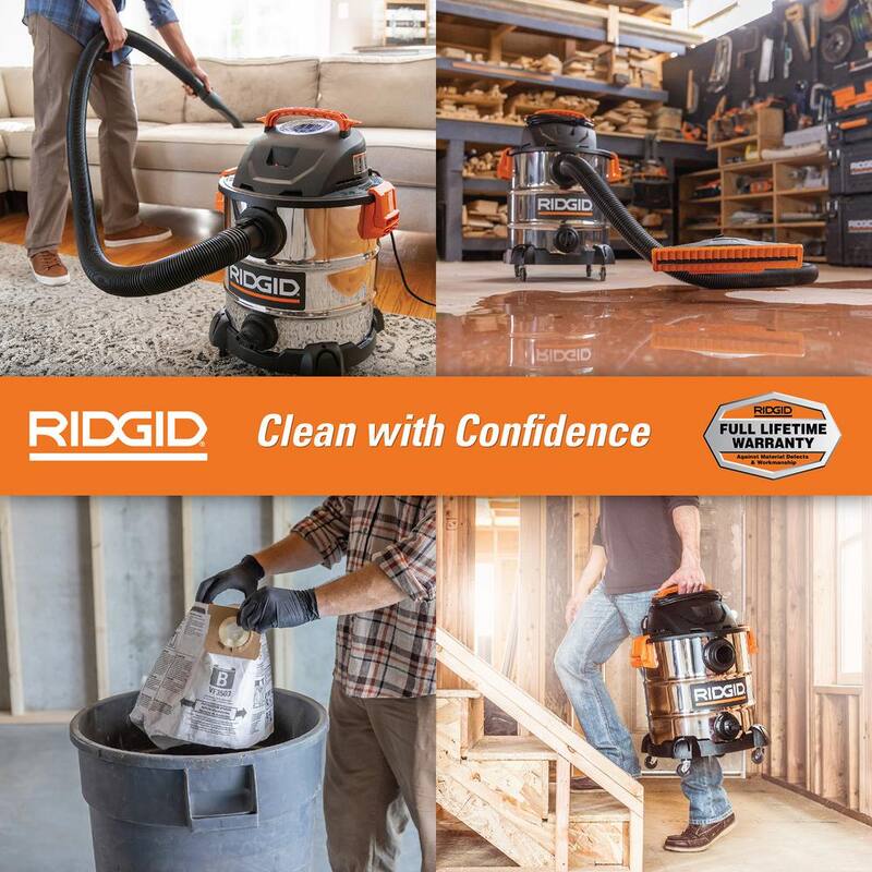 RIDGID 10 Gallon 6.0 Peak HP Stainless Steel Shop Vac Wet Dry Vacuum with Filter, Dust Bags, Locking Hose and Accessories - WD1060A